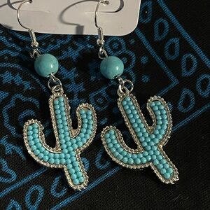 Cactus Earrings with Turquoise Beads and Silver Accents